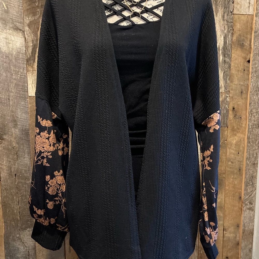 Black cardigan with floral print sleeves